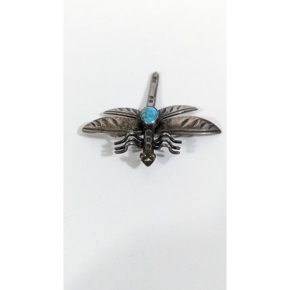 Turquoise Dragonfly Shaped Insect Sterling Silver Brooch Southwestern Pin - Picture 3 of 11